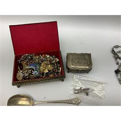 Group of vintage and later costume jewellery, to include two sweetheart brooches, each with silver mark, two Victorian silver groats, small quantity of silver plated flatware, and two jewellery boxes, in one box 