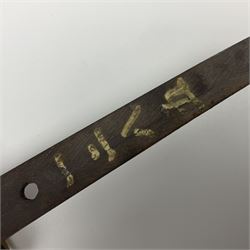 WW2 Japanese Army officer's shin gunto/katana sword with 67cm steel single edged blade, foliate cast brass tsuba, bound fish-skin grip with brass mounts, inscribed and painted marks to tang; in lacquered wooden scabbard with leather combat covering bearing four character marks L99cm overall