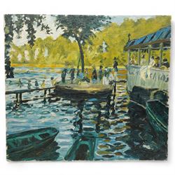 Barry De More (Yorkshire 1948-2023) after Claude Monet (French 1840-1926): 'Bain à la Grenouillère', oil on canvas signed and inscribed verso 58cm x 65cm 
Notes: Acclaimed as one of the North's greatest expressionist artists, Barry De More (1948-2023) used a heavy impasto style to transfer his love of Yorkshire landscapes, townscapes and people to canvas. His work sits comfortably in the company of work by Kossoff and Auerbach, selling to collectors in the UK and overseas. De More's work can be found in the permanent collection of work by Northern Artists at Dean Clough, one of the UK's largest contemporary art galleries.