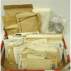  Collection of British and World stamps on covers and loose including King George V and later stamps on covers, mourning cover, German stamps on covers, postmark interest, world stamps in packets, Ireland, India, Sweden, Jamaica and other stamps, in one box  