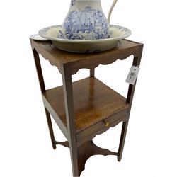 George III mahogany washstand, fitted with single drawer, complete with blue and white jug and bowl