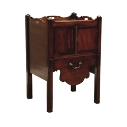  George III mahogany night cabinet, tray top above two crossbanded doors and pull out shallow drawer, on square supports, W53cm, H78cm, D46cm  