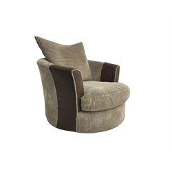Circular snuggle chair, upholstered in latte cord and brown faux leather, with swivel action