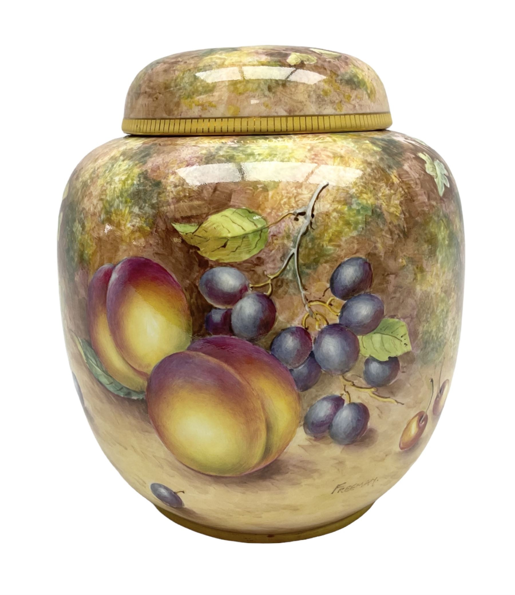 Mid/late 20th century Royal Worcester ginger jar and cover decorated by John Freeman, hand painted with a still life of fruit upon a mossy ground, signed Freeman, with black printed mark beneath and painted shape number 2826, H17.5cm