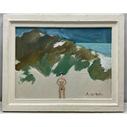 Paul W Ozere (Cornish 20th century):  Adam and Eve, Bathers, View Towards the City, Breaking the Bank, Beneath the Wave and Watcher, six oils on canvas signed max 39cm x 39cm (6)