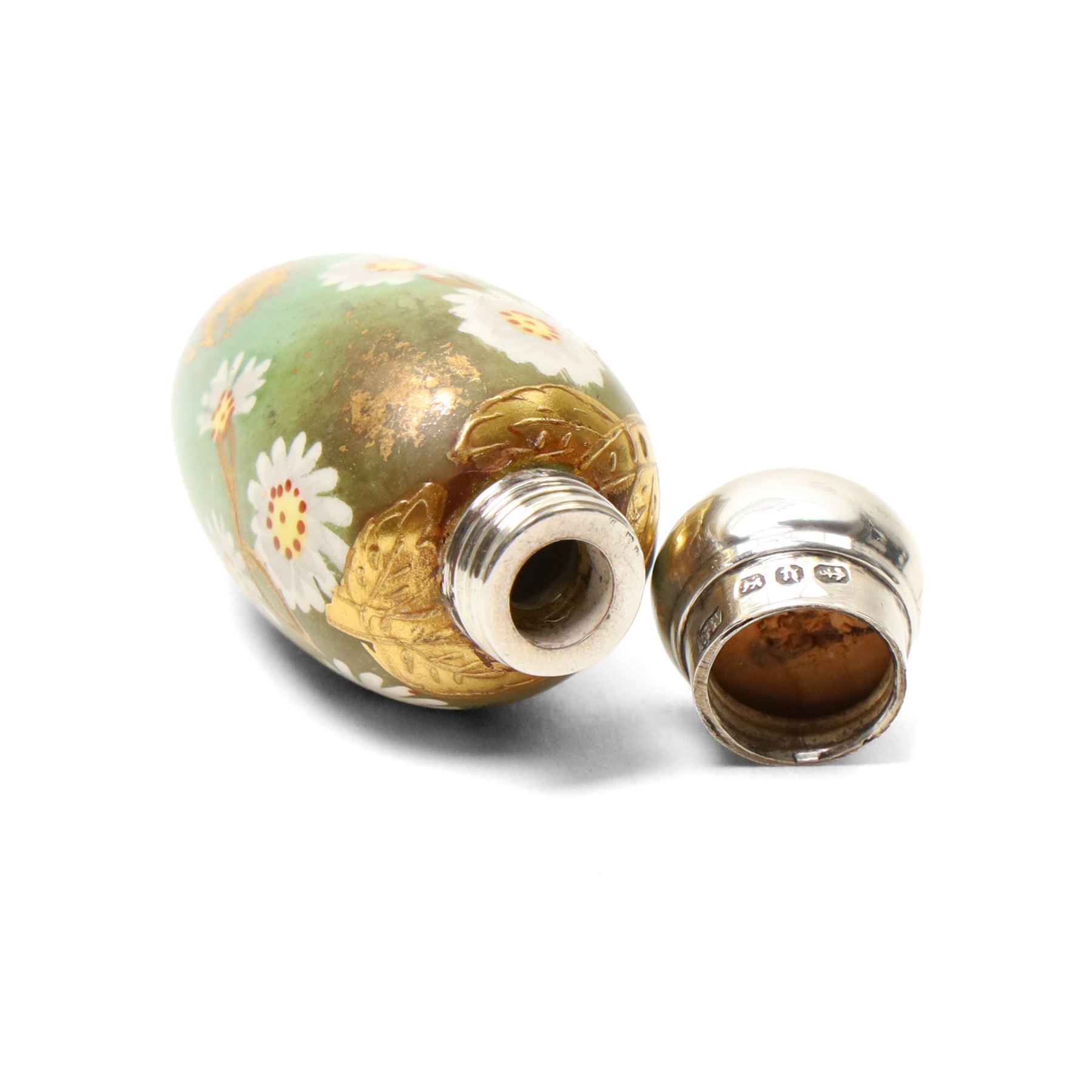 Victorian silver and porcelain scent bottle, painted with flowers on a gilt, blue and green sponged ground, maker GW, Birmingham 1887, L5cm