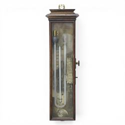 William Harris and Son, London - rare mid 19th century rosewood Patent Compensating Portable Barometer no. 283, rectangular silvered scale and U-shaped mercury tube terminating with a glass cistern and bulb, the centre with mercury thermometer tube and Fahrenheit scale calibrated from minus 10 to 150, the silvered plate engraved 'Harris's Patent Compensating Portable Barometer' and 'William Harris & Son 50 High Holborn London' and serial number '283', side fitted with rackwork vernier scale annotated for barometric inches with weather observations and angled steel pointer for recording temperature, vernier with an independent friction slide adjustment with external secondary brass side knob, bottom edge with recording disc engraved with barometric scale, 33cm high 7.5cm wide