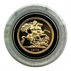 Queen Elizabeth II 1979 gold proof full sovereign coin, cased with Harrington and Byrne certificate