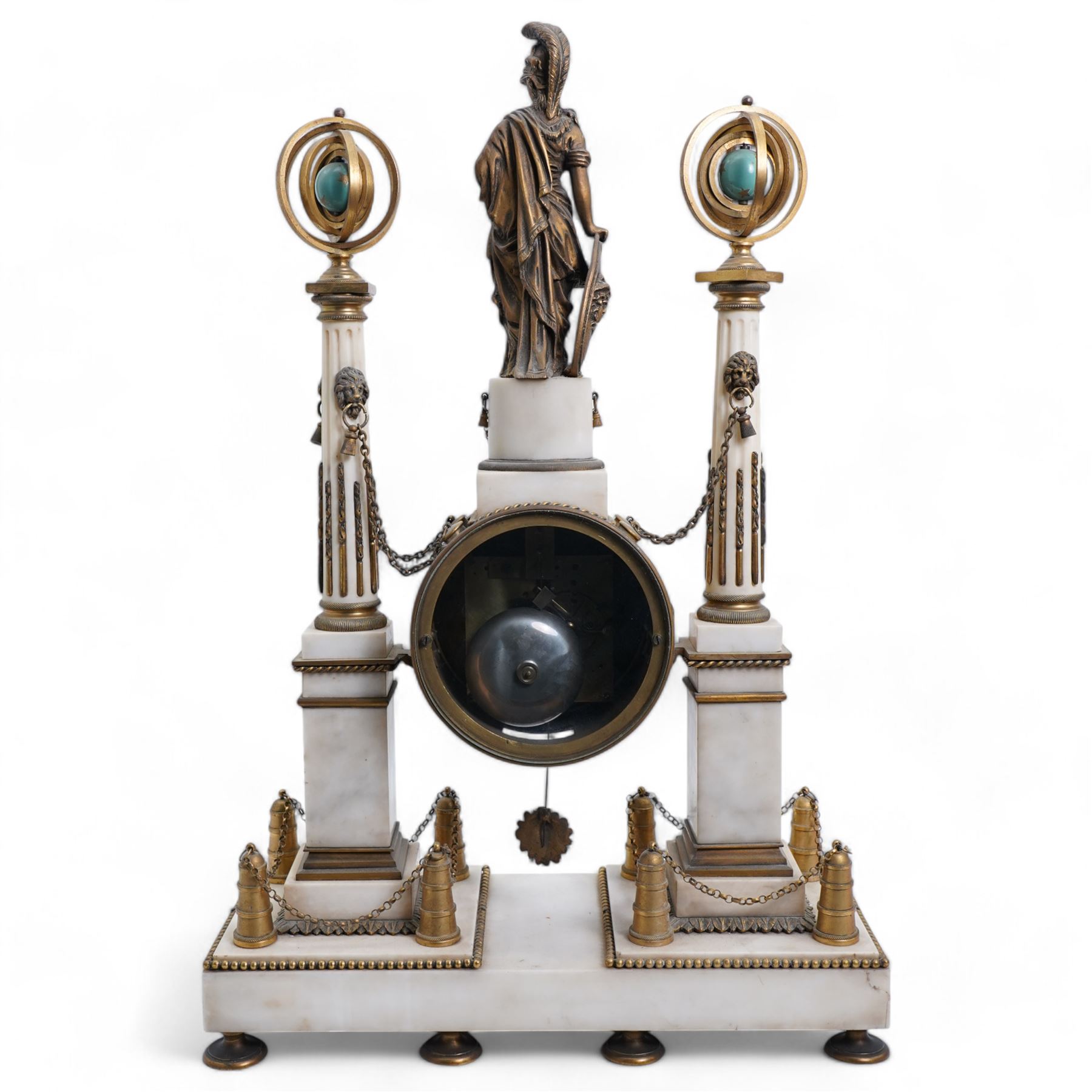 Chevallier of Paris - An early 19th century French Louis XV style white marble and gilt mounted portico clock surmounted by a figure from classical antiquity, with a drum case supported on a pair of reeded and tapered supports with celestial finials raised on a rectangular plinth base, with a white enamel dial with Roman numerals, five minute Arabic's, minute track and makers name,  8-day twin train countwheel movement with a silk suspension, striking the hours and half hours on a bell. 
With pendulum.