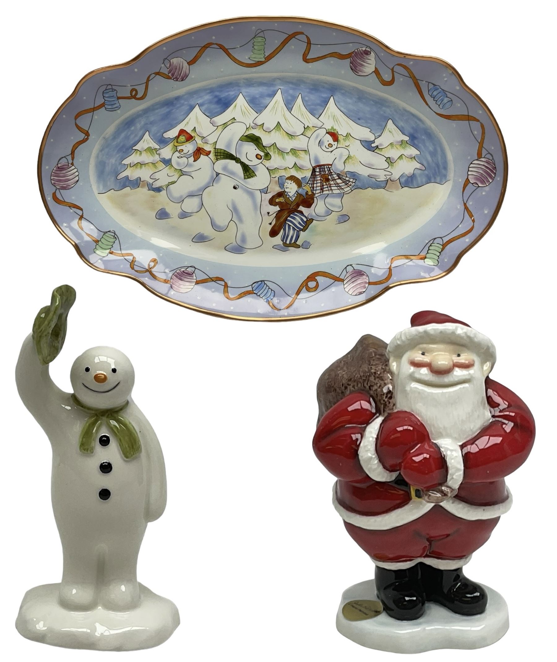 Two Beswick figures, composing The Snowman and Father Christmas, together with Border Fine Arts Enamel dish depicting a scene from The Snowman A3995, all in original boxes 