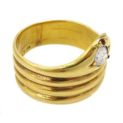 Victorian 18ct gold coiled snake ring, the head set with a single stone diamond and stone set eyes, makers mark EB, London 1886, diamond approx 0.35 carat