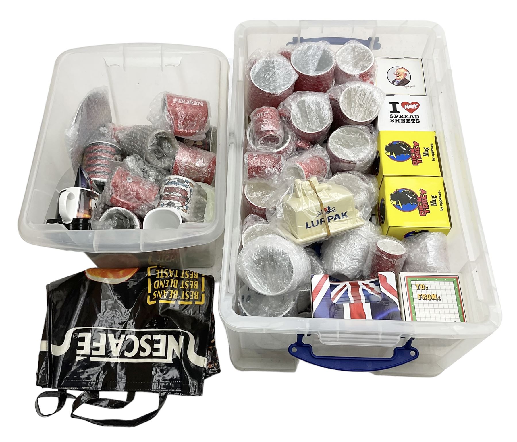 Quantity of Nescafe memorabilia and merchandise, and various mugs, Star Wars etc in two boxes