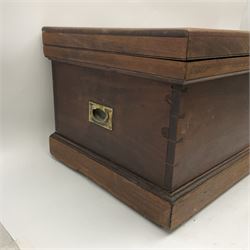 19th century teak chest, with sunken brass handle, the hinged lid with brass plaque engraved 'H.H. Earle 1899', H34cm, L83cm, notes: reputedly the chest of H.H.Earle, daughter of George F Earle of the Earle shipbuilding family of Hull 