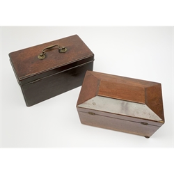 A Georgian mahogany tea caddy, with three interior compartments, L24.5cm, together with an early 19th century mahogany tea caddy, of sarcophagus form, with twin compartmented interior and bun feet, L23cm, (both a/f). (2). 