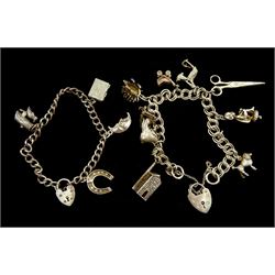 Two silver charm bracelets, charms including hedgehog, poodle, stork carrying a baby, mouse in boot and woodpecker