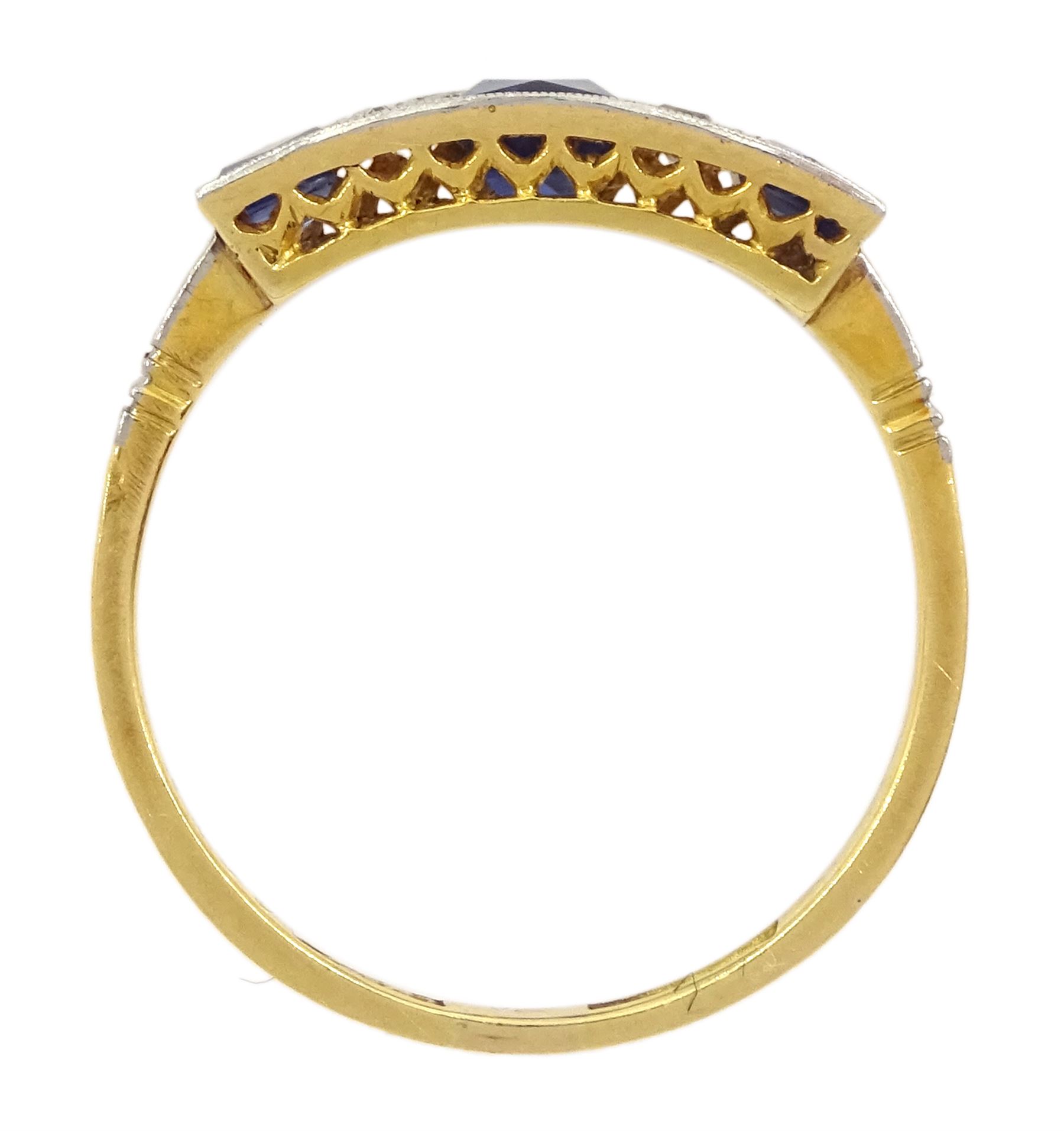 Art Deco 18ct gold milgrain set three stone French cut sapphire and four stone old cut diamond ring by R. Bros, stamped, total sapphire weight approx 1.00 carat