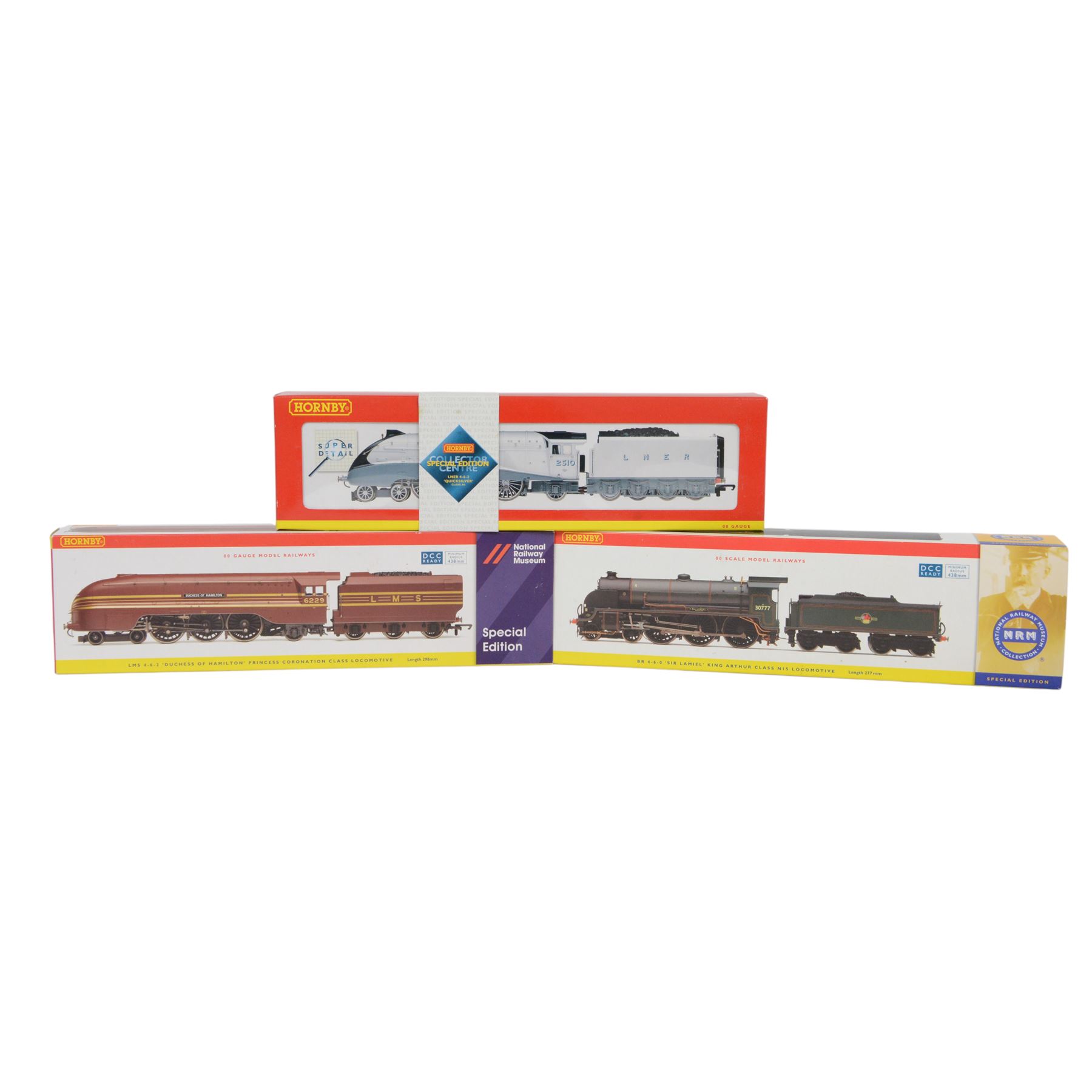 Three Special Edition Hornby 00 gauge locomotives, comprising R3101 LMS 4-6-2 Coronation Class 'Duchess of Hamilton' no. 6229, R2638 BR 4-6-0 Class N15 'Sir Lamiel' no.30777 and R2246 LNER 4-6-2 Class A4 'Quicksilver', boxed 