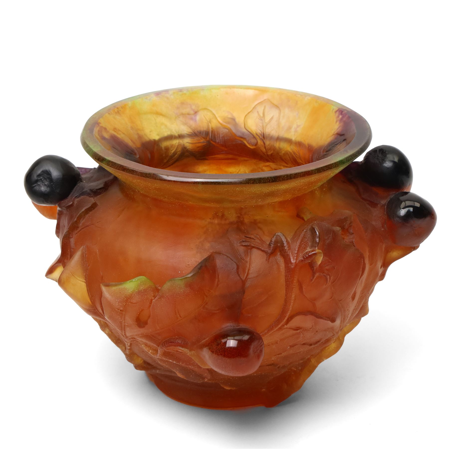 Daum pate de verre bowl, decorated with figs and lizards in relief, incised Daum France to edge of base, boxed, H20cm