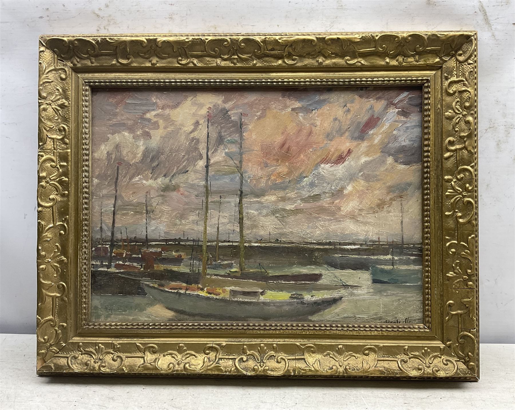 Joseph Pighills (British 1902-1984): Bridlington Harbour, oil on board signed twice, titled and with similar sketch verso 32cm x 46cm