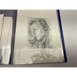 Two folders of over fifty photographs, cards, compliment slips etc of actors, actresses, celebrities, politicians, sports personalities etc, all bearing signatures, including David Frost, Lloyd Grosman, John Suchet, Julia Somerville and othe GMTV presenters, Carol Vorderman, Jackie Collins, Rolf Harris, Timothy Dalton, Pete Postlethwaite, Magnus magnusson, John Major, Kate Moss, Uri Geller, David Beckham, Peter Alliss, Sharon Davies, Kevin Keegan etc