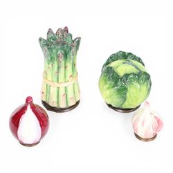 Four Halcyon Days enamel novelty boxes modelled asparagus, onion, garlic and cabbage