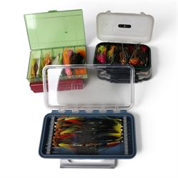 Two Bruce & Walker Expert Series fly fishing reels, collection of fly fishing lures, of various size and design, in nine fly cases and other accessories contained within Airflo, Vision, Explorer fishing bags