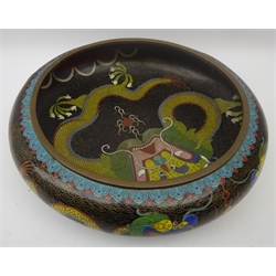  Chinese Cloisonne bowl with inverted rim, decorated with Dragons Chasing the Flaming Pearl, D31cm   