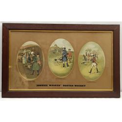 After Tom Browne (British 1870-1910): 'Coaching Shooting Hunting Skating and Curling 1820' - Johnnie Walker Scotch Whisky, two early 20th century 'Striding Man' lithographic advertisements 43cm x 75cm and 38cm x 52cm (2)