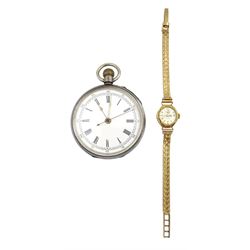 Early 20th century silver keyless chronograph pocket watch, white enamel dial with Roman numerals and outer track numbered 25-300 case by Stockwell & Co, London import mark 1913 and a Majex 9ct gold ladies manual wind wristwatch, on 9ct gold bracelet