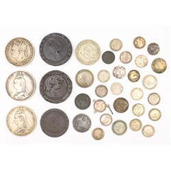  Collection of British coins including 1821 crown, 1890 crown, 1889 crown, two 1797 cartwheel two pence coins, 1797 cartwheel penny, 1942 half crown, other pre 1947 and pre 1920 British silver    