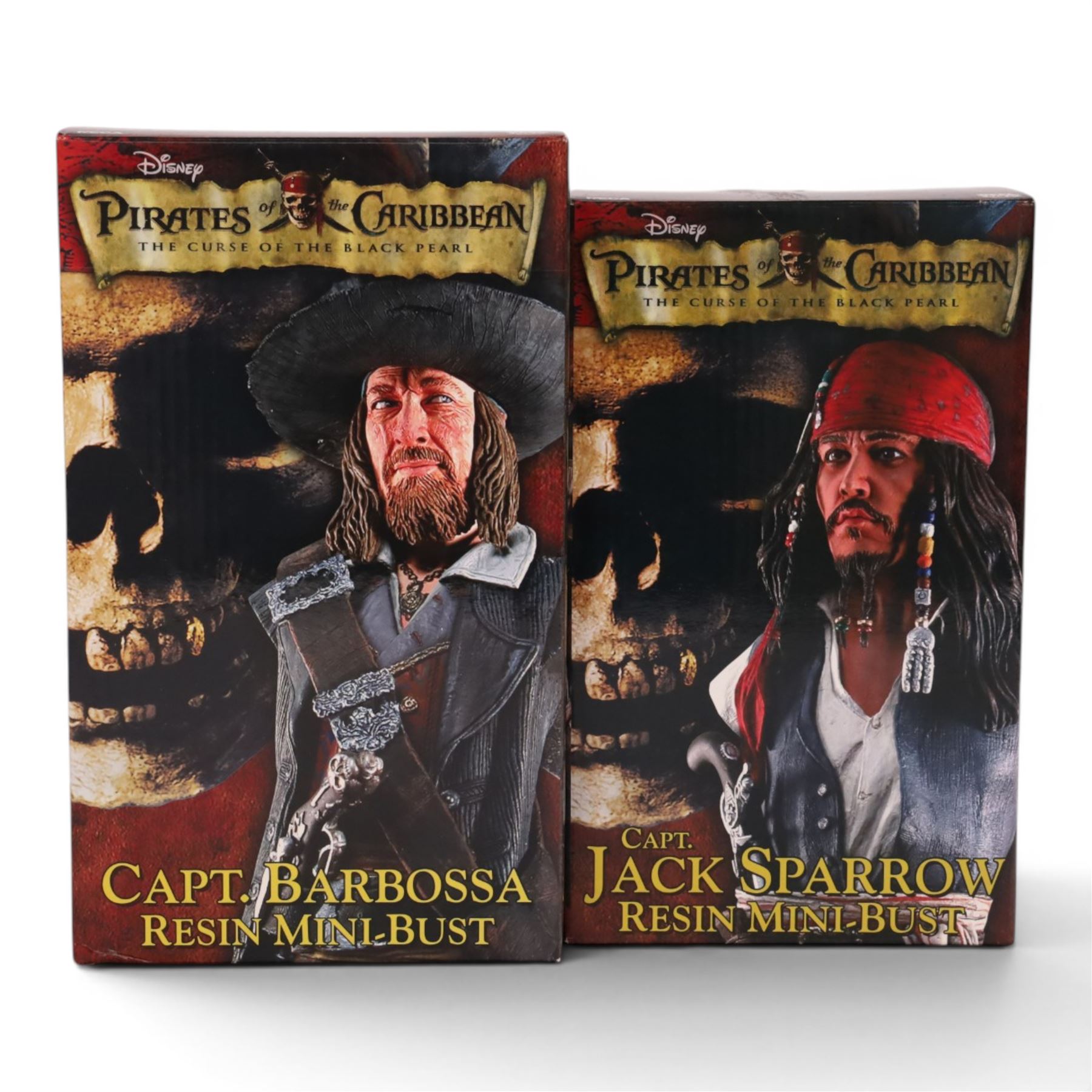 Two limited edition Neca Pirates of the Caribbean The Curse of the Black Pearl resin mini busts, Capt. Jack Sparrow 2063/2500 and Capt. Barbossa 995/2500, both boxed