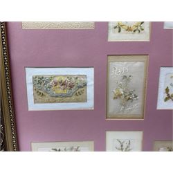Thirty-five WW1 embroidered silk postcards including regimental crests, flags of the Allies, envelope type with greeting card inserts, Christmas and birthday cards etc; mounted and glazed in three graduated modern matching gilt frames (3)