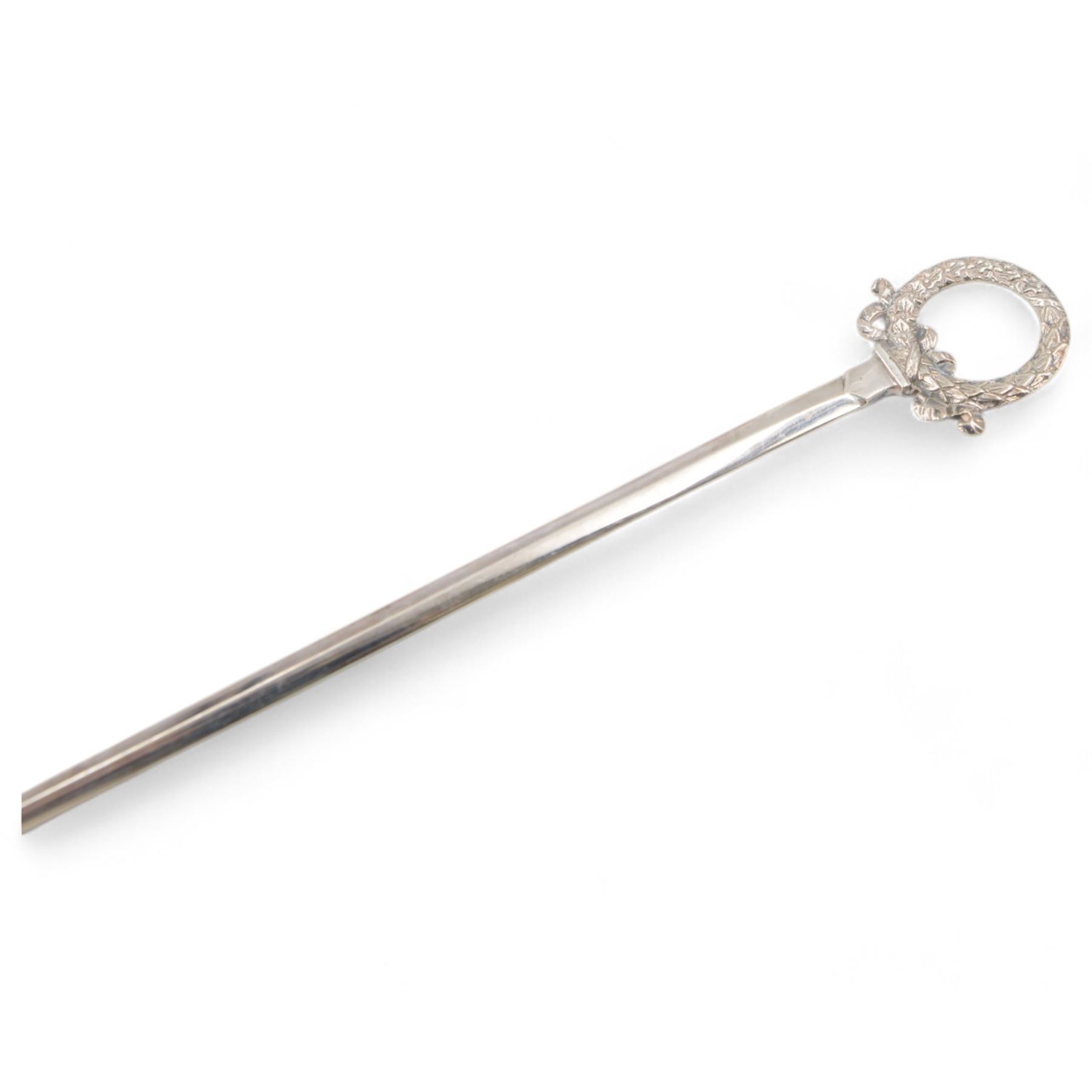 Edwardian silver meat skewer, with wreath loop handle, hallmarked James Dixon & Sons Ltd, Sheffield 1902, together with a late 20th century silver mounted bottle coaster with turned wooden centre, hallmarked W I Broadway & Co, Birmingham 1982, coaster D13cm