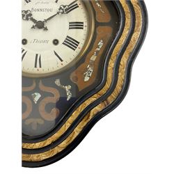 Bonnetou - 19th century French 8-day vineyard wall clock, with an ebonised and scumbled surround with mother of pearl and contrasting decorative inlaid sections, brass bezel ring to the 9