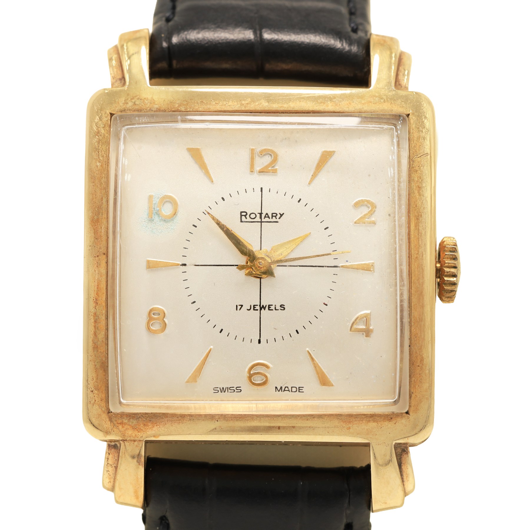 Rotary gentleman's 9ct gold manual wind wristwatch, square silvered dial with Arabic and dagger hour markers, London 1951, on black leather strap