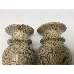 Pair of vases, of baluster form upon a stepped foot, with shell inclusions within the limestone, H15cm  