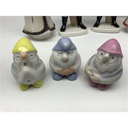 Group of eleven Aquincum of Budapest figures, comprising two of a man in a feather hat, seven dwarves, man and woman in traditional dress, all with printed marks beneath