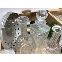 19th century cut glass decanter with star cut base, together with other glass decanters and glassware, drinking glasses, and silver-plate twin handled tray and other metal ware etc in three boxes