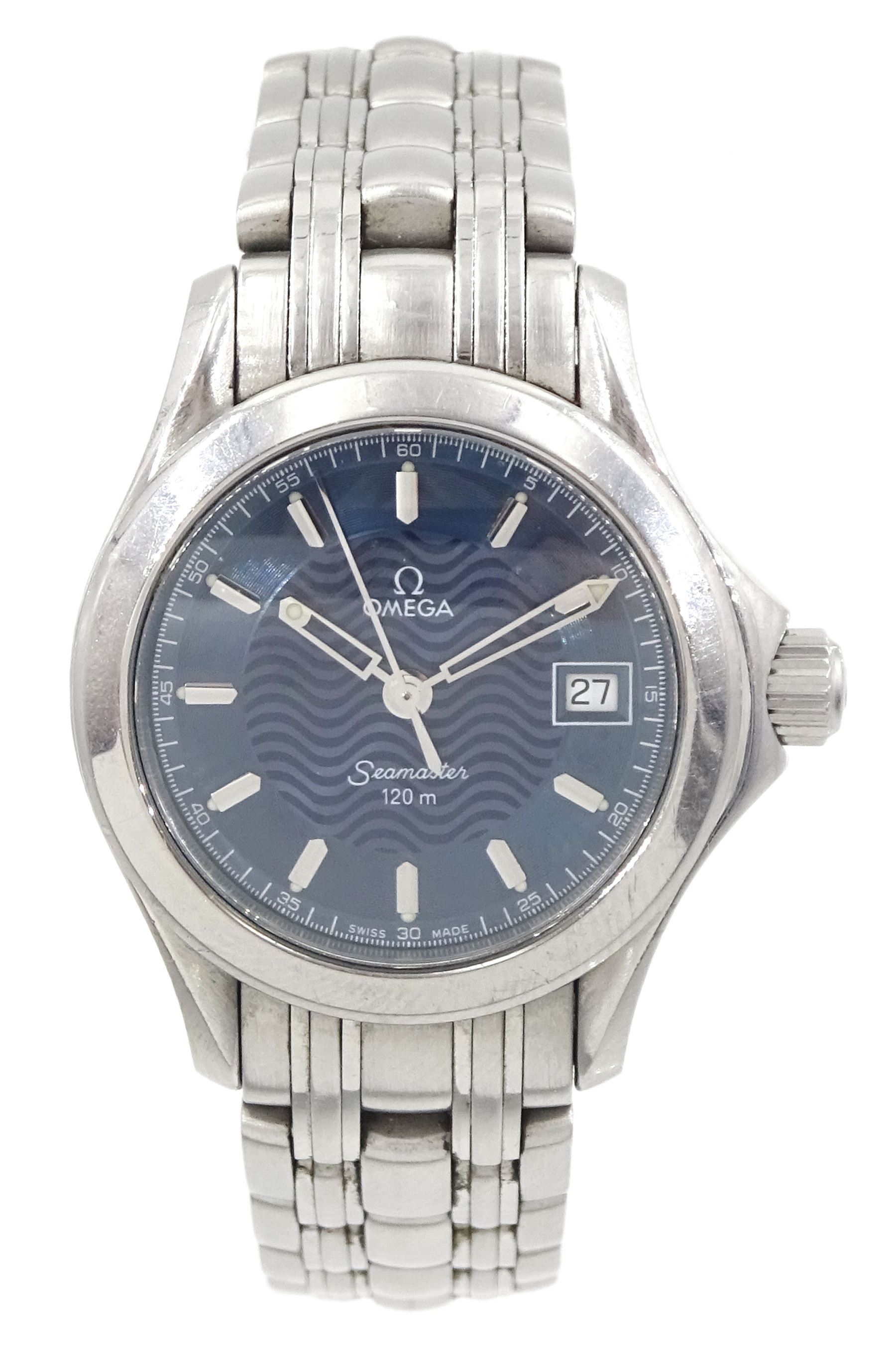 Omega Seamaster ladies stainless steel quartz wristwatch. Ref. 2581.81, blue wave dial, with baton hour markers and date aperture, on original stainless steel bracelet, with fold-over clasp, boxed with international warranty card dated 1999