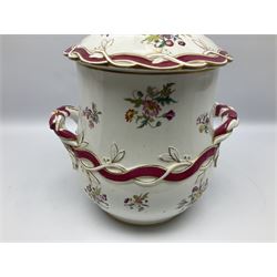 Large Victorian twin handled water pail and cover, of slightly bellied form decorated with floral sprays and moulded vine and ribbon detail, H36.5cm