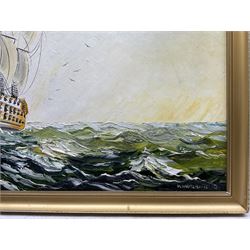 Michael J Whitehand (British 1941-): Sailing Ship in a Choppy Sea, oil on board signed 43cm x 58cm