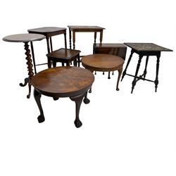 Victorian mahogany wine table, circular top over spiral turned pedestal with tripod cabriole base (W49cm x 72cm); together with seven other antique occasional tables (8)