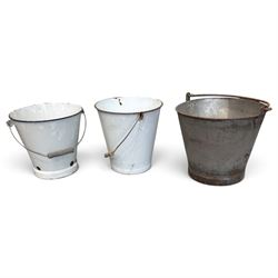 Collection of three ribbed galvanised dolly tubs with chevron detail, one retaining ‘The Popular Tub’ label, together with two white enamel buckets and a galvanised bucket, each with swing handle, max W46cm H53cm