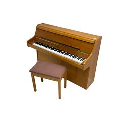 Bentley - teak cased upright piano, iron framed and overstrung, with stool