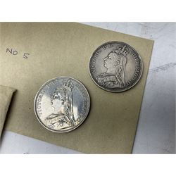 Mostly Great British coins including Queen Victoria 1887 and 1888 crowns, pre-decimal coinage, various five pound coins etc and a WWI War and Victory medal pair named to '16903 PTE. H. SCHOFIELD. 2-CO. OF LOND. Y.'