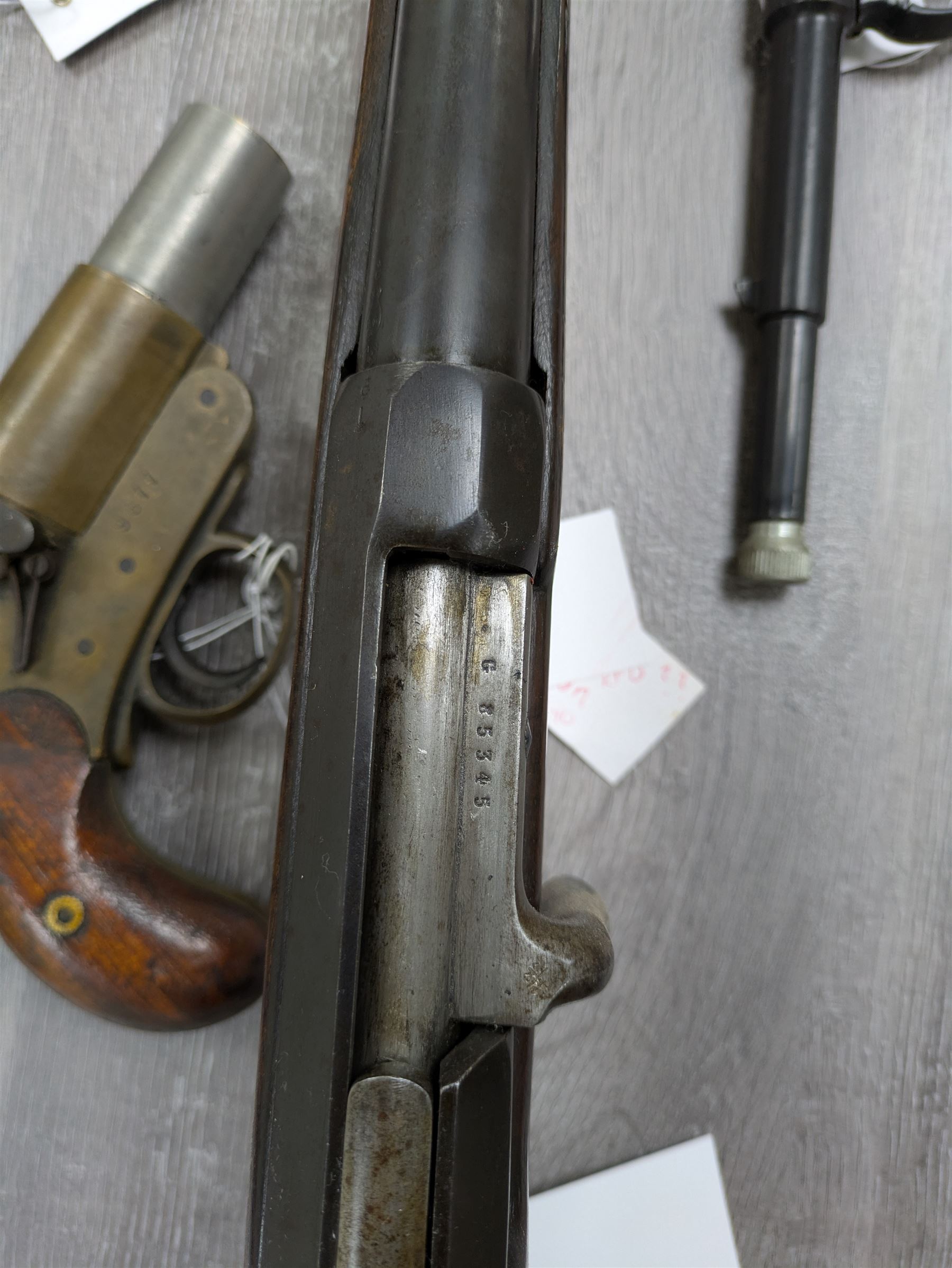 19th century Belgian Gras 12-bore (from 11-bore) bolt-action single barrel shotgun with 80cm barrel No.G85345 L127cm overall. Deactivated to early specification so requires re-deactivation to modern standards RFD ONLY - Disposed 25.06.25 - Notified 24.07.25