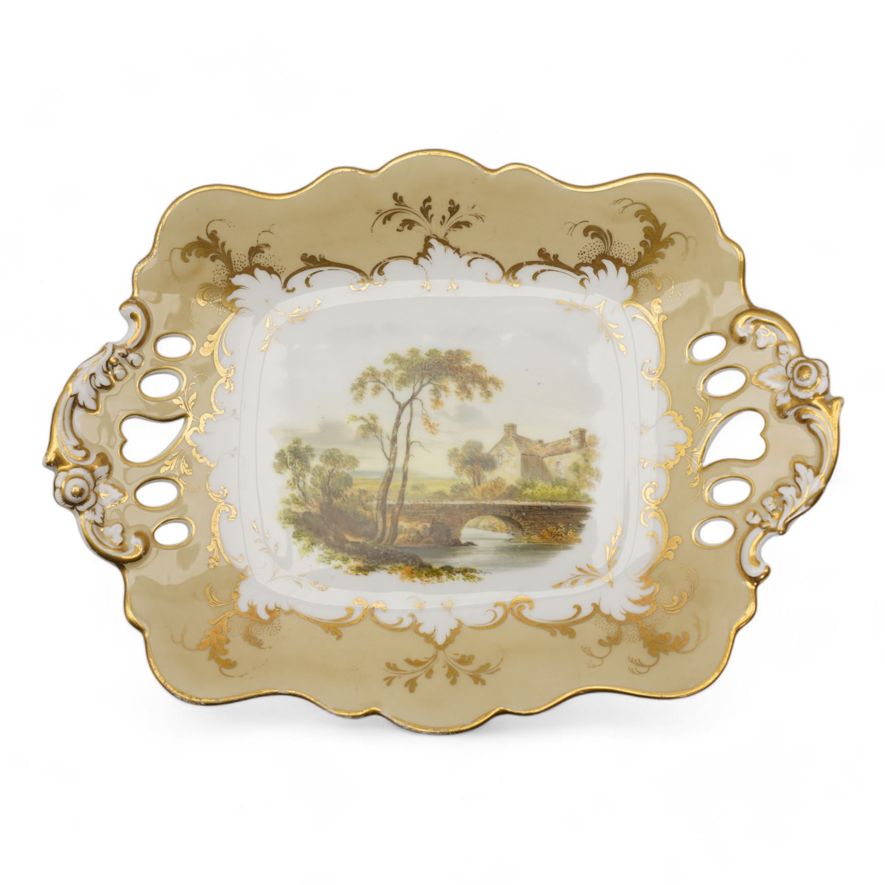 Davenport porcelain dessert plate, painted with a figure and cottage in a rural landscape, within a raised gilt border, D24cm, a 19th century English porcelain twin handled dessert dish, together with an early 19th century porcelain cabinet plate, painted with a river landscape within a gilt border, possibly Derby, unmarked, D22cm (3)