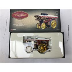 Corgi Vintage Glory - five 1:50 scale die-cast models comprising 80102 Fowler B6 Road Locomotive, Low Loader and Cylinder load; 80101 Fowler B6 Showman's Locomotive; 80103 Fowler B6 'Super Lion' Showman's Engine; 80108 Fowler B6 Crane Engine; and 80002 Sentinel Platform Wagon with Trailer and Sacks; all boxed (5)