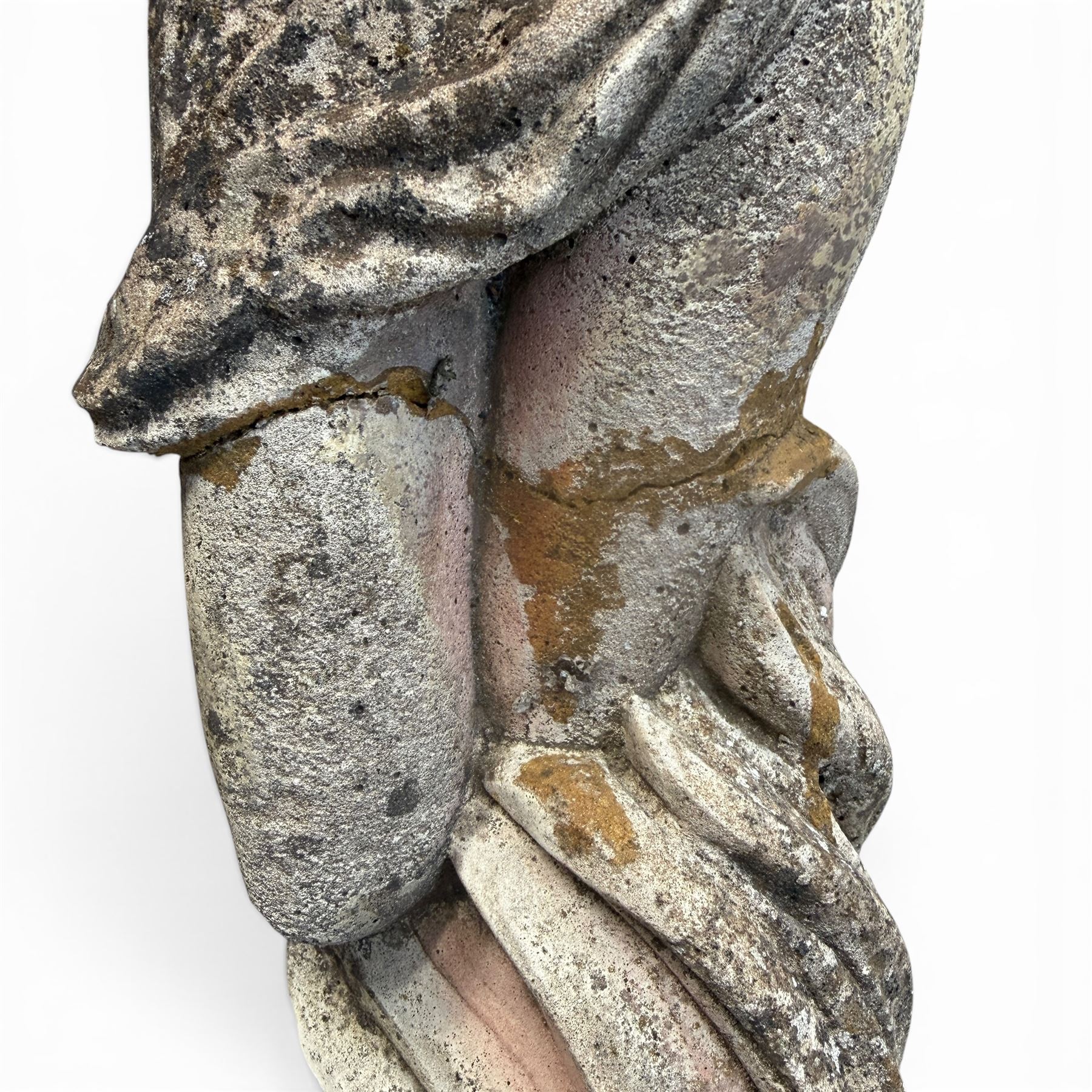 Two composition stone garden figures, comprising a seated boy figure and a standing classical draped female figure, each on square base, weathered painted finish.