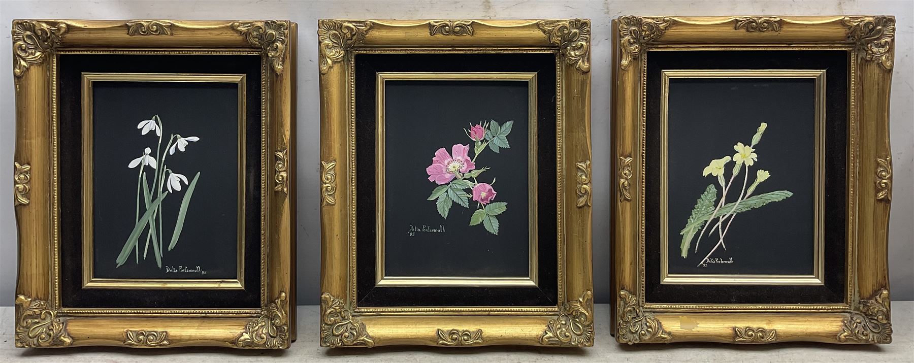 Delia Portsmouth (British 1916-): Flower Studies, set three oils on board signed and dated, 19cm x 14cm (3)